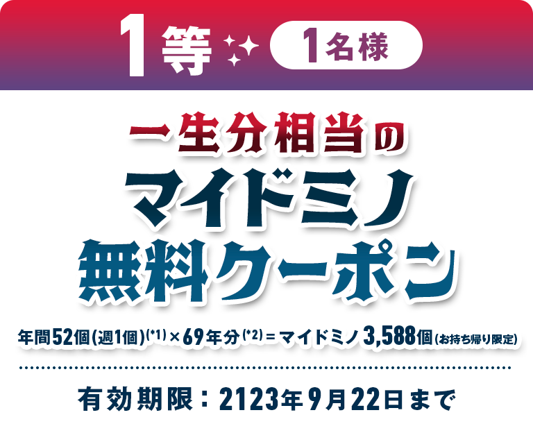 1等 1名様 一生分相当の マイドミノ無料クーポン 有効期限 : 2123年9月22日まで